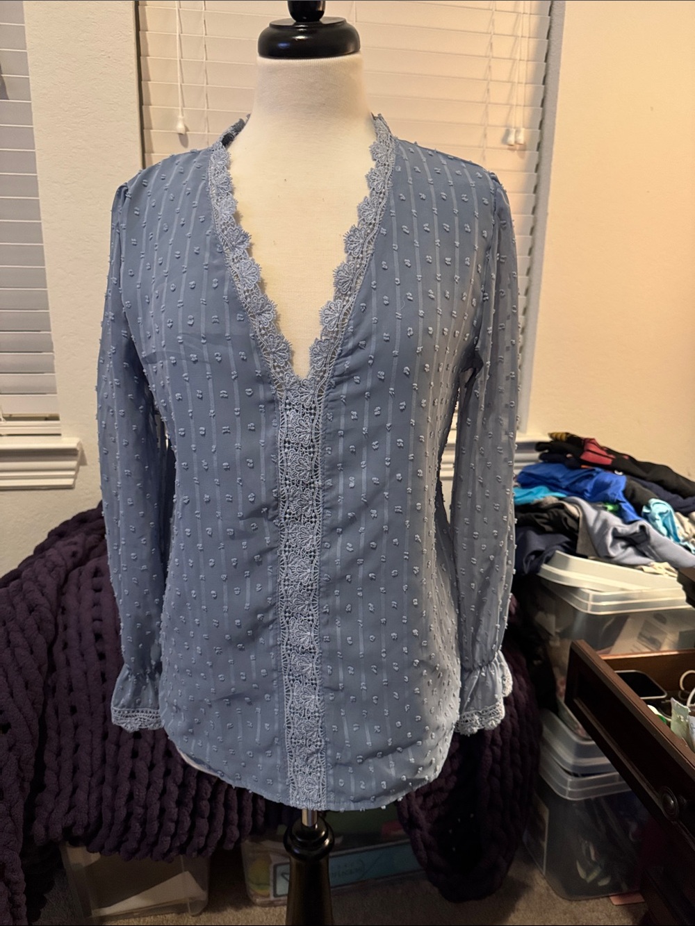 Women’s Modern Swiss Dot Lace-Trim Long Sleeve V-Neck Blouse in Slate Blue